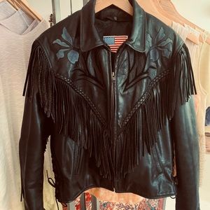 Women black leather with fringe
